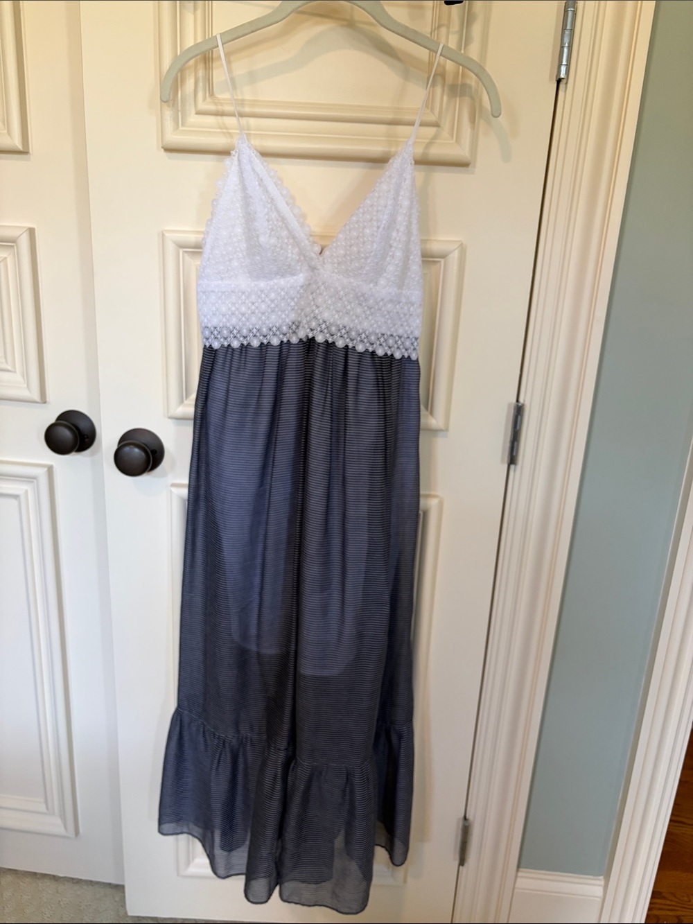 Sandro Paris Lace Trim Spaghetti Strap dress - White & Navy